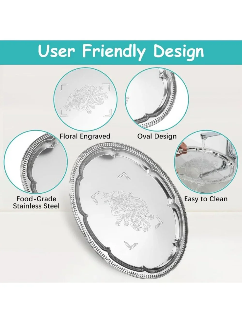 6-Pack Large Silver Oval Serving Trays - Floral Engraved Platters for Parties